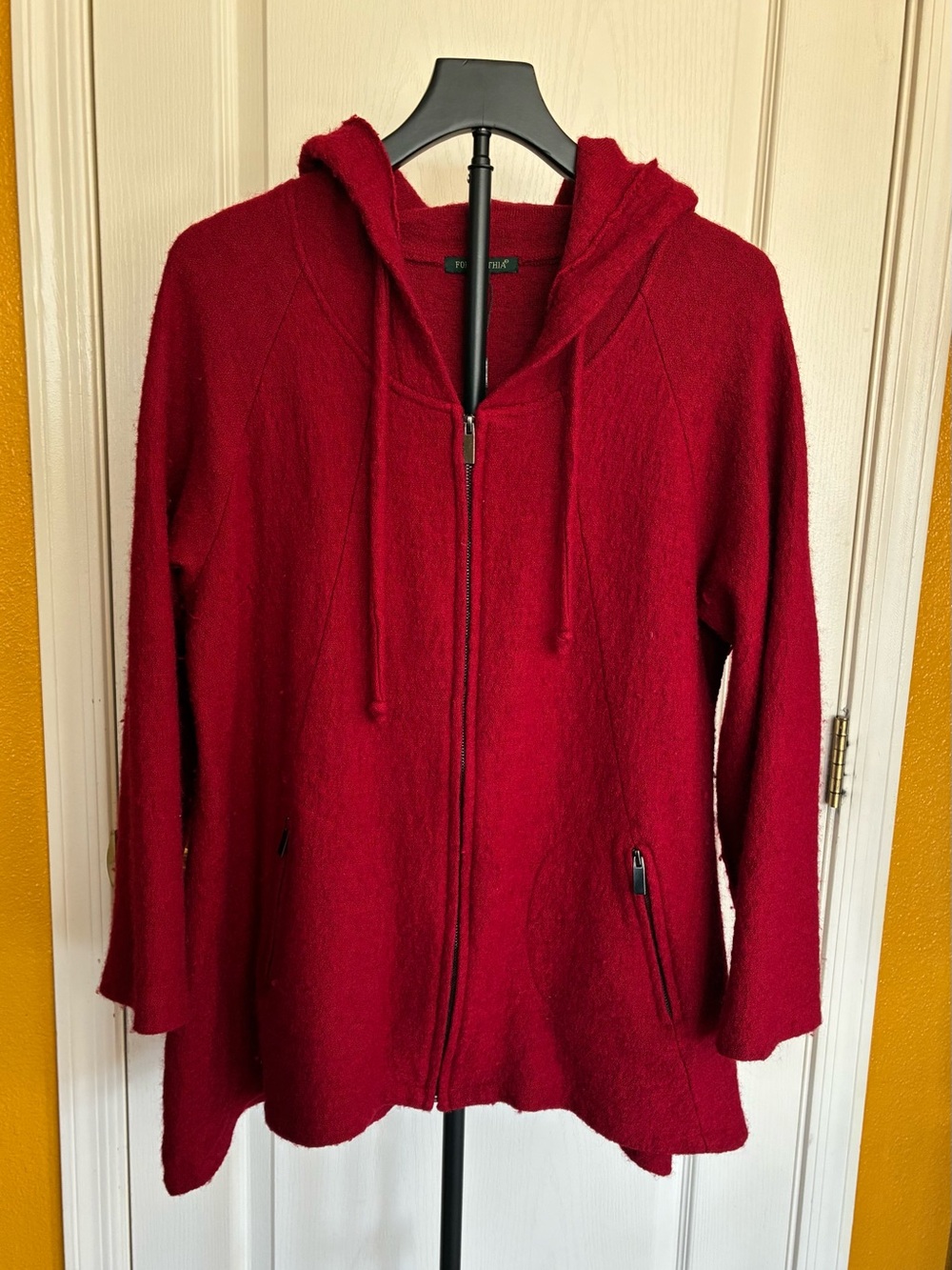 Cozy Red Hooded Zip Front Women's Sweater Jacket - XL